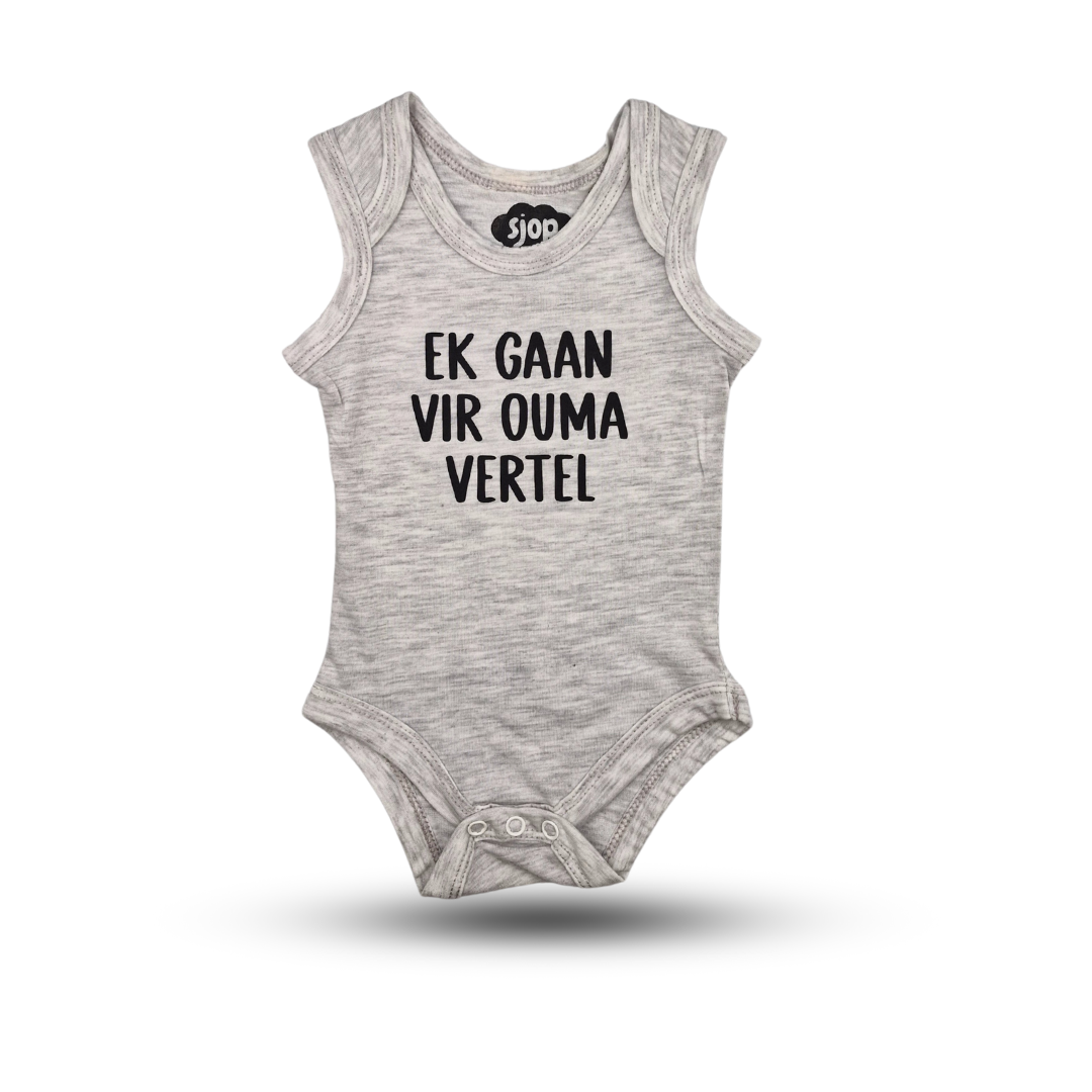 Babygrow in Slate Grey – "Ek gaan vir ouma vertel"
