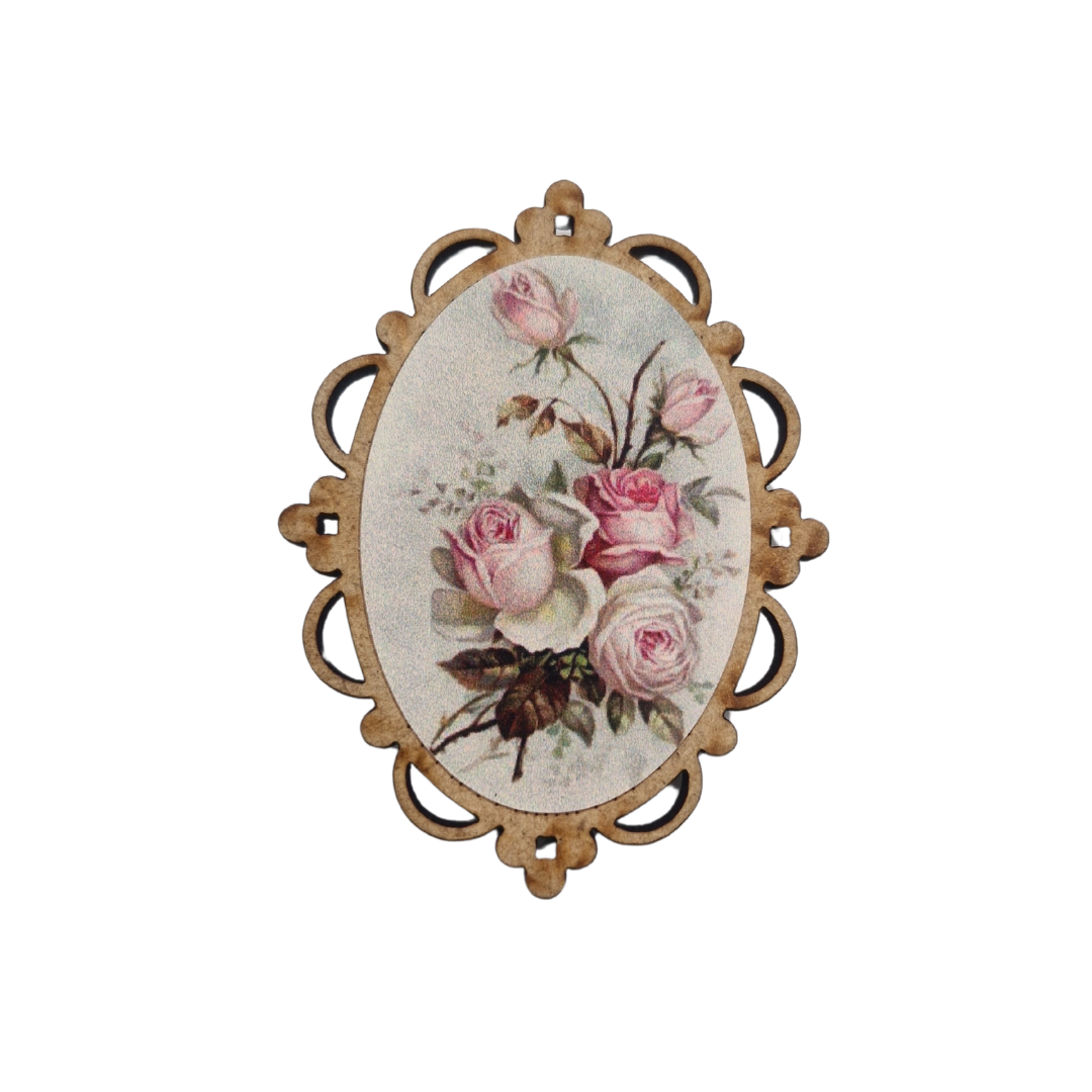 Victoria Framed Wood Brooch (Pink Roses)