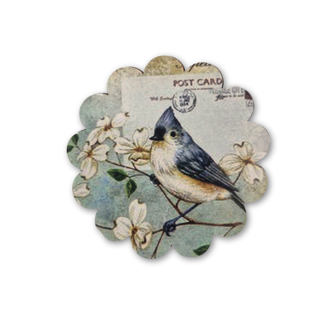 Flower Shaped Wood Brooch (Blue Robin)