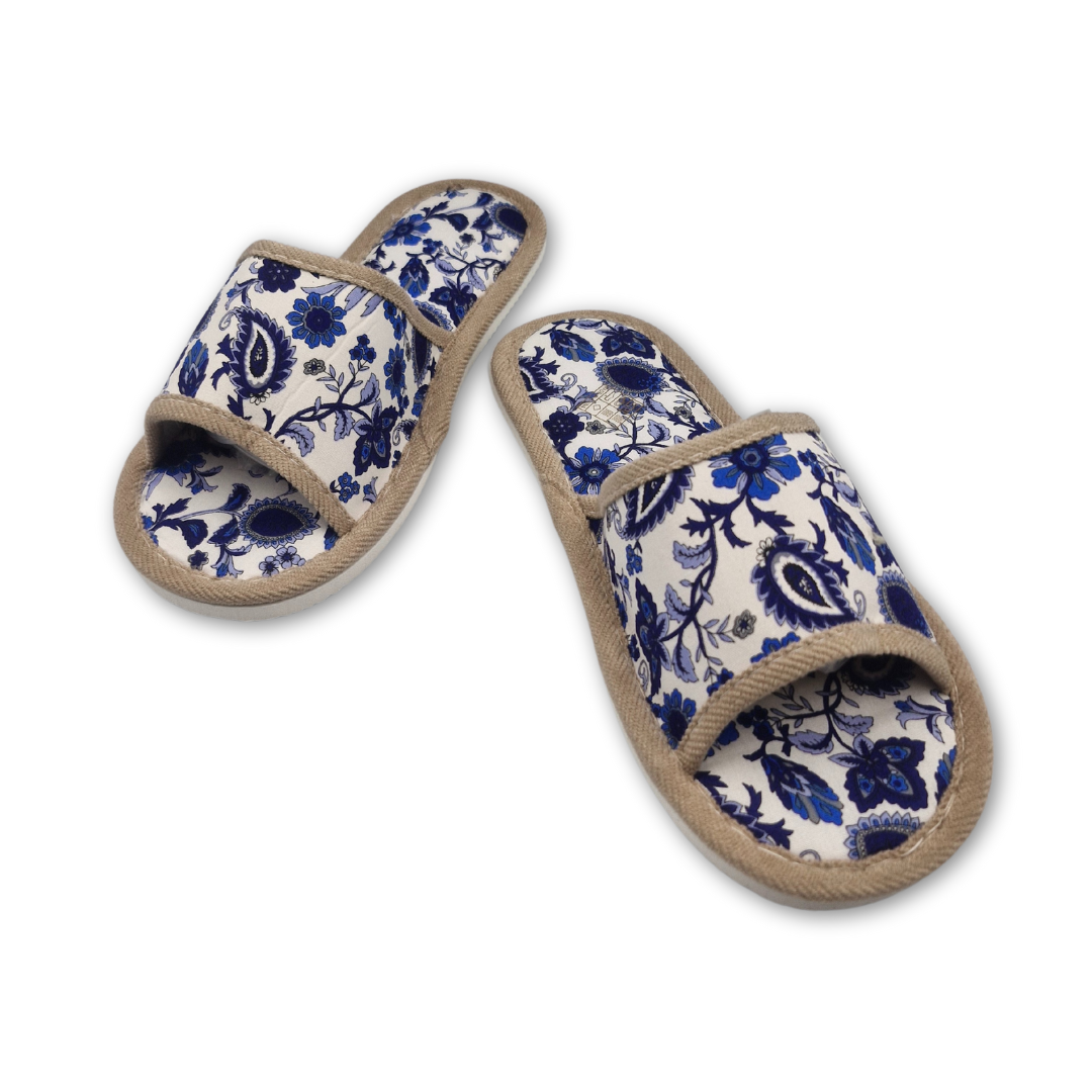 Blue Floral Pattern Linen Slippers