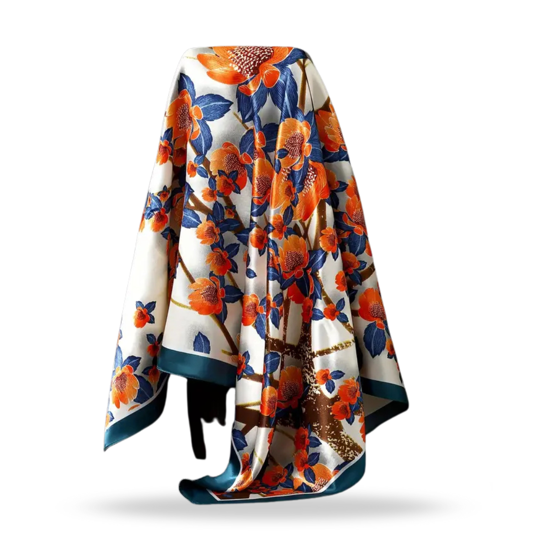 Satin Square Flower Scarf (Blue, Orange & White)