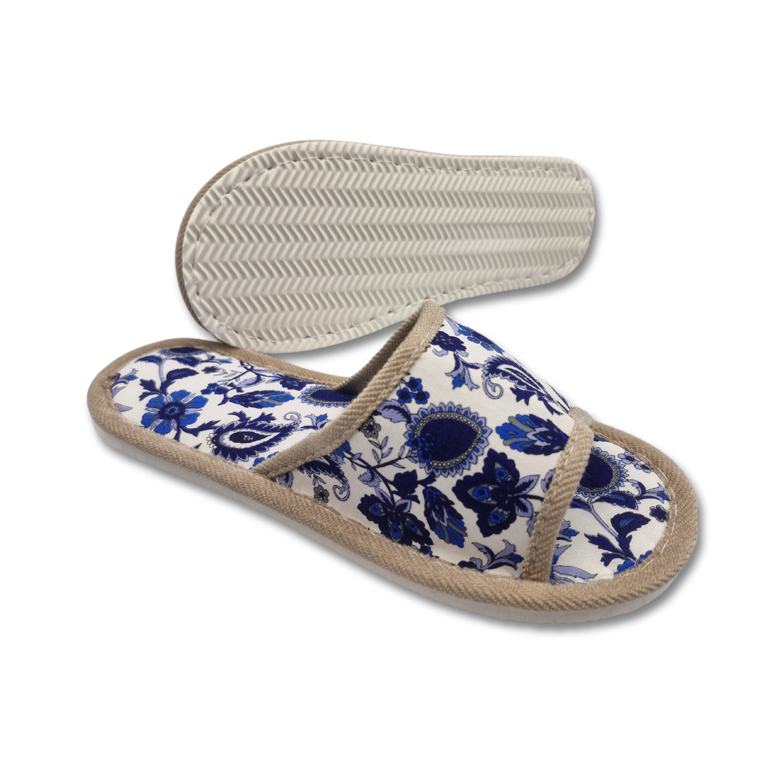 Blue Floral Pattern Linen Slippers