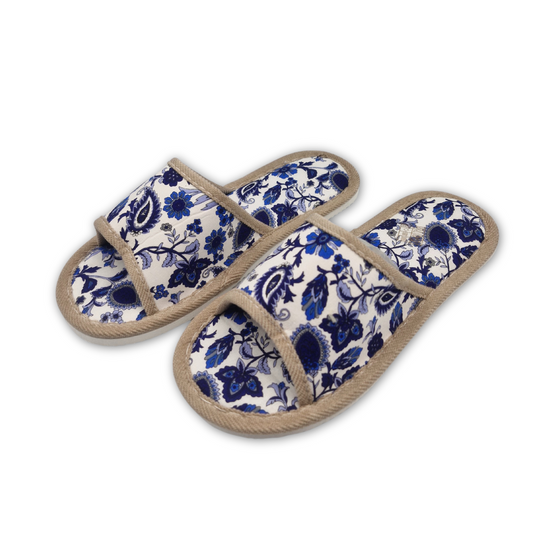 Blue Floral Pattern Linen Slippers