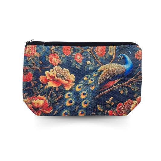 Linen Cosmetic Bag (Blue Peacock & Floral)