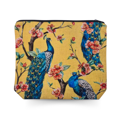 Linen Cosmetic Bag (Yellow Peacock & Cherry Blossom)