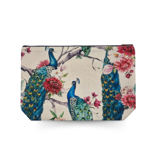 Linen Cosmetic Bag (White Peacock & Cherry Blossom)