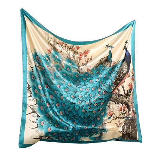 Satin Square Peacock Scarf (Blue & Beige)