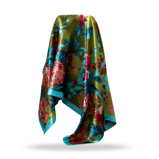Satin Square Flower Scarf (Blue, Green & Pink)