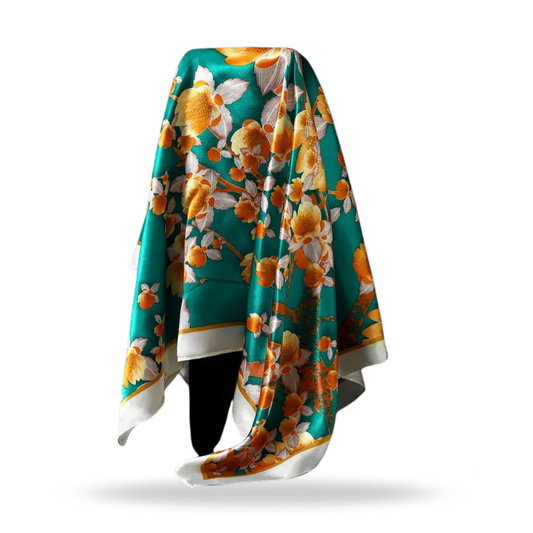 Satin Square Flower Scarf (Yellow & Green)