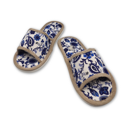 Blue Floral Pattern Linen Slippers