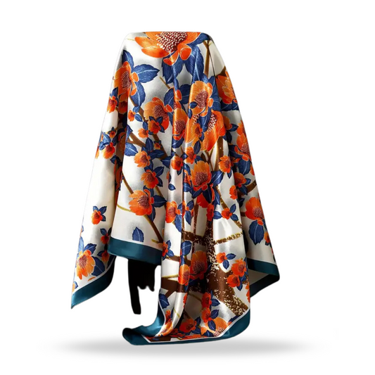 Satin Square Flower Scarf (Blue, Orange & White)