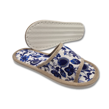 Blue Floral Pattern Linen Slippers